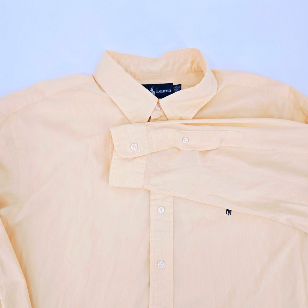 Ralph Lauren‎ Vintage Yellow Seersucker Pinstripe Shirt 17.5 34/35 Classic Fit